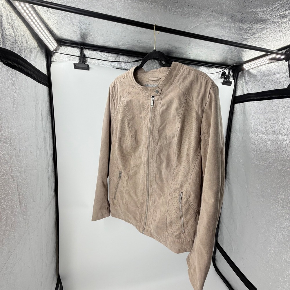 Valerie Stevens Tan Faux Suede Moto Jacket Perforated Beige 2X